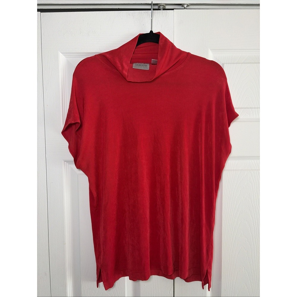 Chico's Travelers Mock Neck Top Womens Size 3 Red Short Sleeve Vibrant Capsule